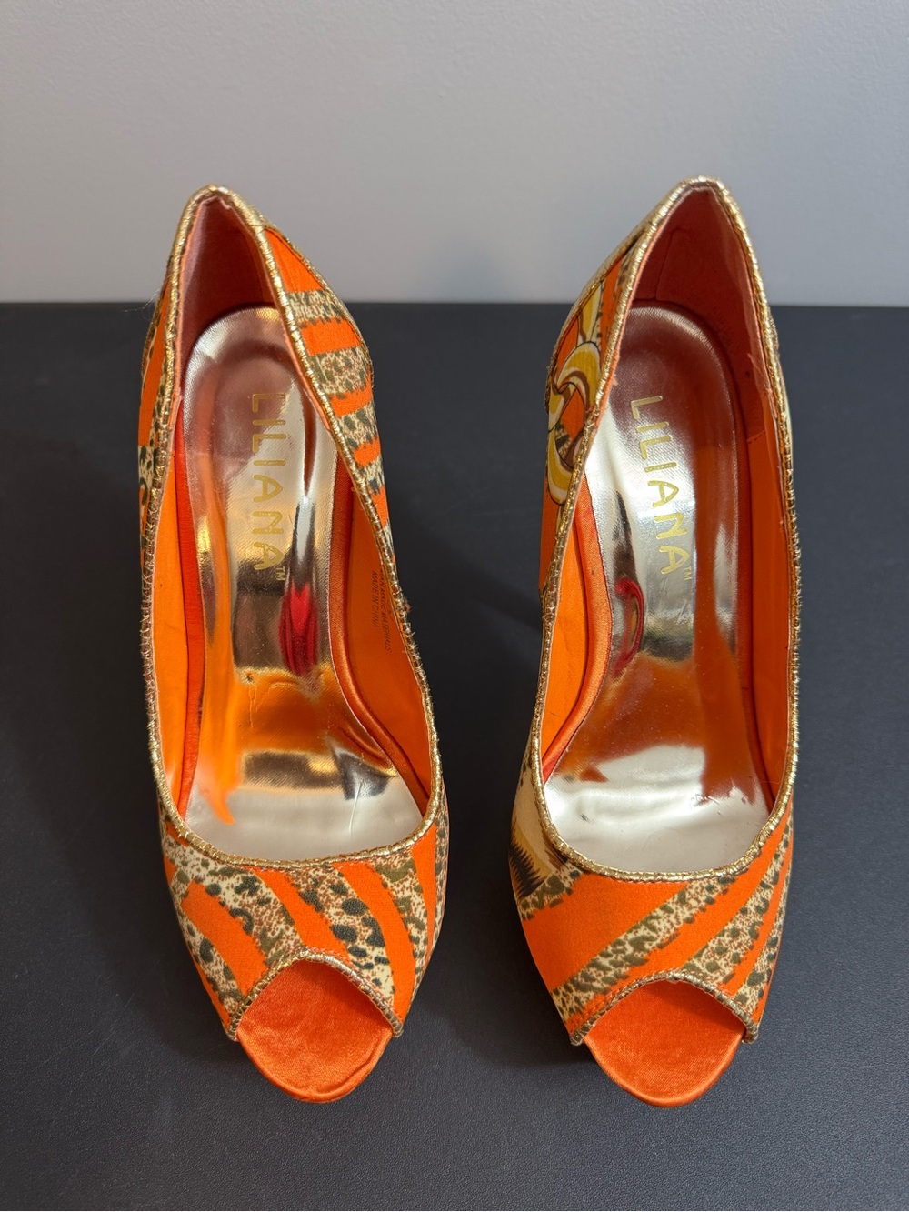 Liliana Orange Gold-Trim Peep-Toe Pumps